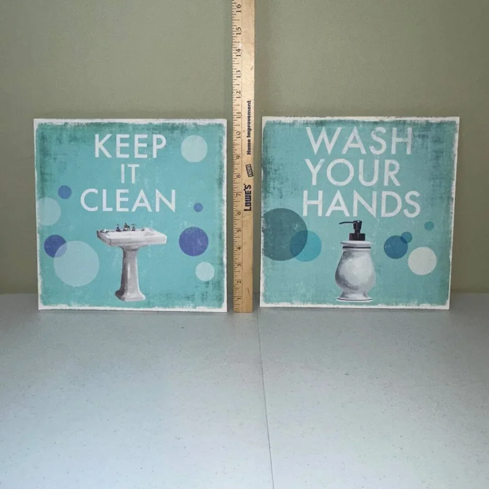 Wrapped canvas wall art for bathroom Wash your hands Keep it clean set of 2